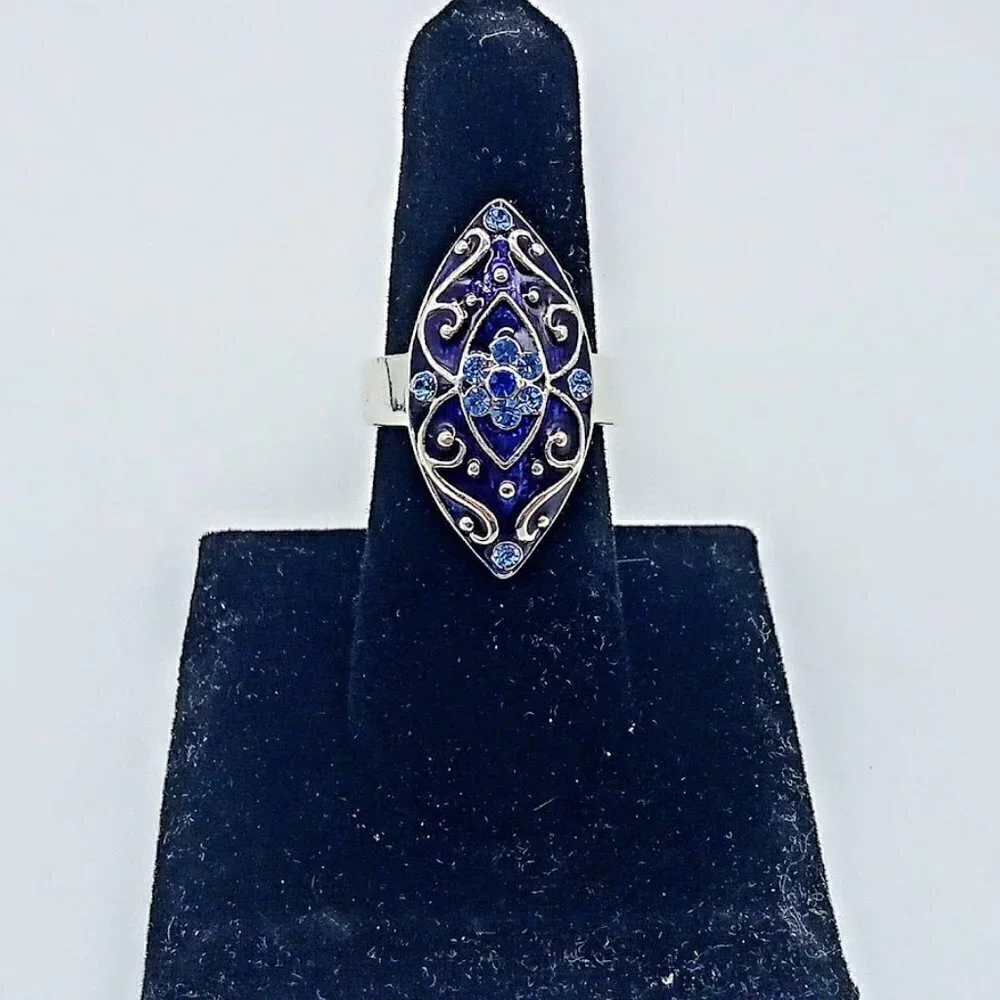 Blue Crystal & Enamel Silver Fashion Ring